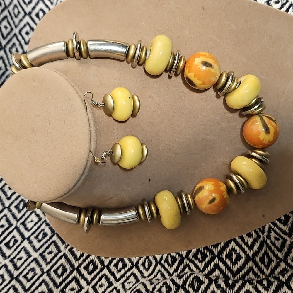 JS Colection Yellow and Orange Beaded Necklace & Earrings